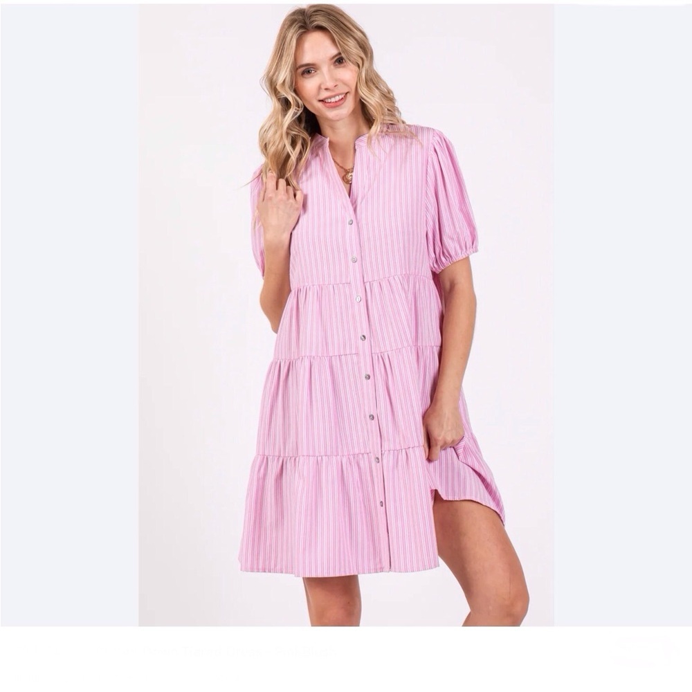 She + Sky Pink & White Stripe Puff Sleeve Mini Sundress Size Small V Neckline